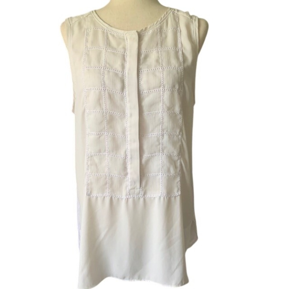 LOFT Ivory Sleeveless Blouse L Embroidered Grid Minimalist Coastal Chic Career